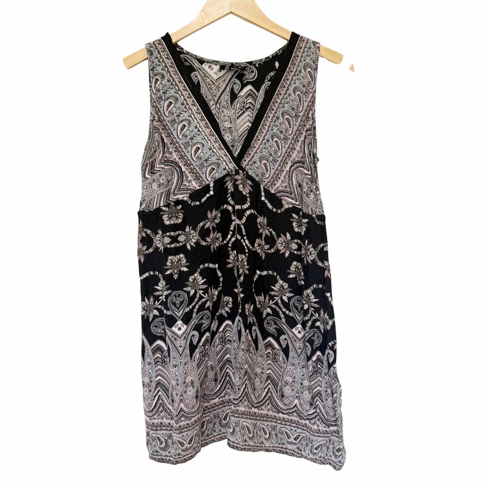 Angie Black Gray Paisley Sleeveless Mini Dress Tunic Sz S
